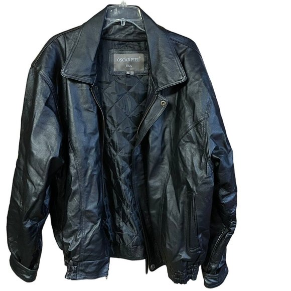 Oscar Piel Vintage Black Leather Bomber Motorcycle Jacket Quilted Liner Mens XL - Picture 1 of 7